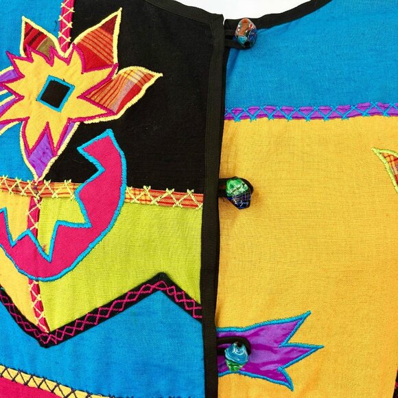 STUNNING VINTAGE 90'S JULIA KIM ART TO WEAR PATCHWORK JACKET W/ GLASS BUTTON CLO - Picture 3 of 7